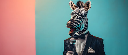 Portrait of a zebra in a suit with a microphone.の素材