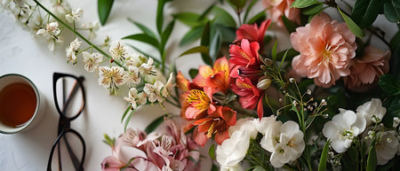 Beautiful bouquet of flowers on a white background. View from above.の素材