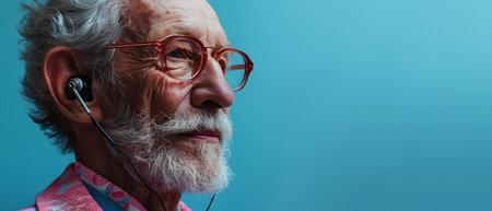 Portrait of senior man listening to music with headphones on blue backgroundの素材