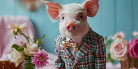 Cute pig in checkered shirt and bow tie with flowers on backgroundの素材