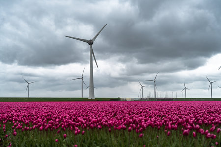Tulips in a field with wind turbines under a cloudy skyの写真素材