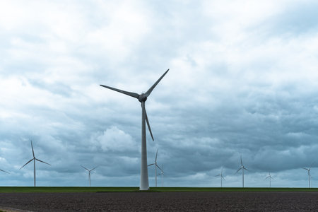 Wind turbines in a field under a cloudy sky. 3d renderingの写真素材