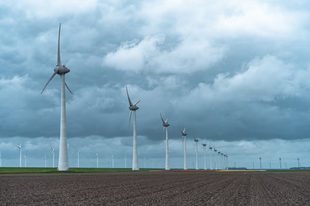 Wind turbines in a field under a stormy sky in springtimeの写真素材