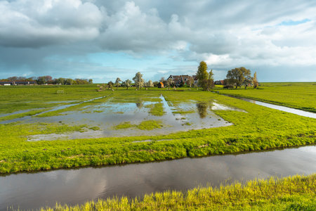 Flooded fields in the Netherlands during a stormy day.の写真素材