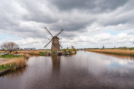 Traditional Dutch windmills in Kinderdijk, Netherlands, Europeの写真素材