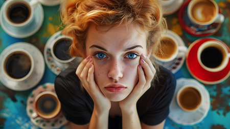Close-up portrait of a young woman with coffee cups on the tableの素材