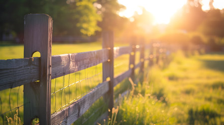 Wooden fence in sunset light. Countryside background with copy spaceの素材