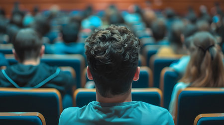 Rear view of a man sitting in front of the audience in the conference hallの素材