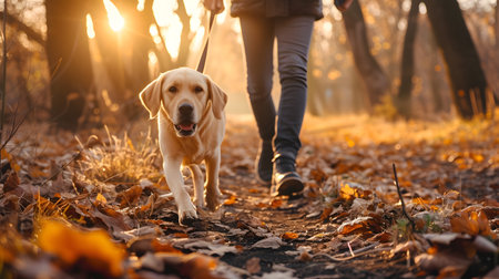 Cute yellow labrador retriever puppy with owner walking in autumn parkの素材