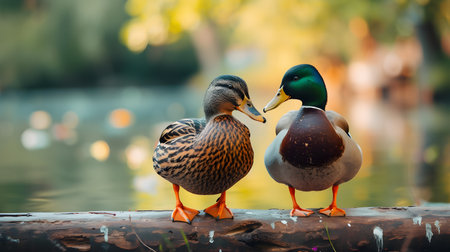 Mallard ducks are standing on a log in the park.の素材