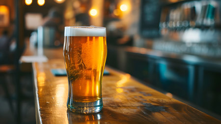 Glass of beer on a bar counter in a pub or restaurant.の素材