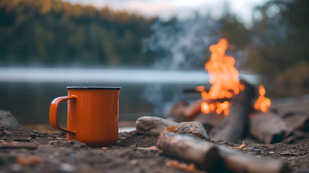 Orange cup of coffee on the background of a campfire in the forest.の素材