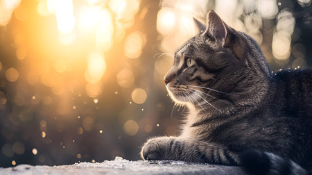 Beautiful cat lying on the snow in the forest at sunset.の素材