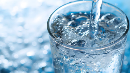 Water pouring into glass with ice cubes on blue bokeh backgroundの素材