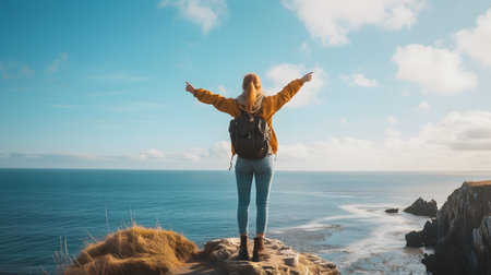 Young woman traveler with backpack standing on cliff edge and looking at oceanの素材