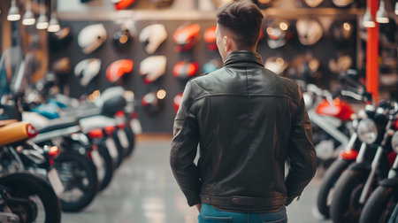 Rear view of young man in leather jacket standing in motorbike storeの素材