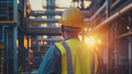 Engineer or Technician at work in oil refinery plant. Industrial backgroundの素材