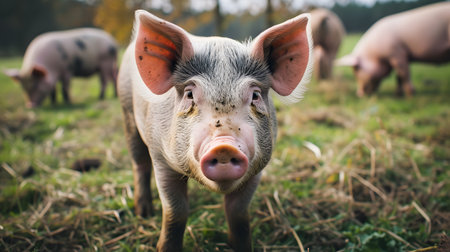 Portrait of a cute pig on a meadow in summer.の素材