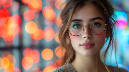 Portrait of a beautiful girl in glasses on a bokeh backgroundの素材