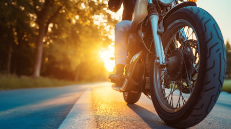 Motorcycle on the road at sunset. Close-up of the wheel.の素材