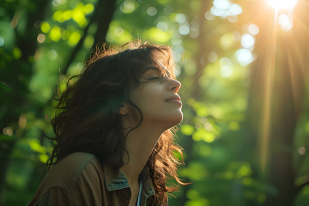 Portrait of a beautiful young woman with closed eyes in the forestの素材