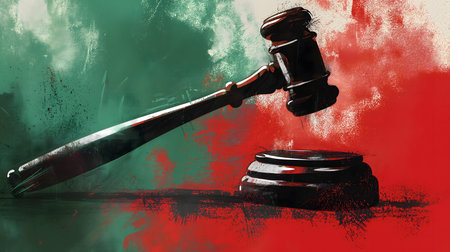 Wooden judge gavel and soundboard on a red and green backgroundの素材