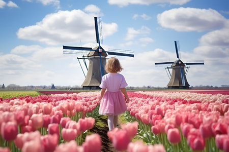 Little girl standing in tulip field and looking at windmillsの素材