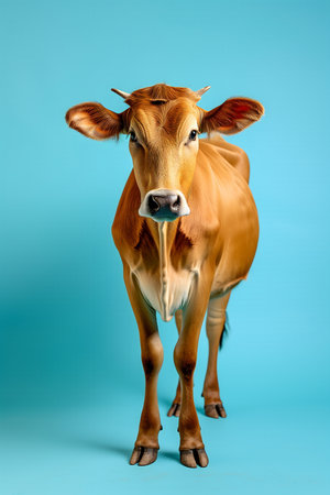 Cute brown cow isolated on blue background. Studio shot, side view.の素材