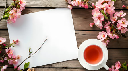 Cup of tea, blooming branches and blank paper on wooden backgroundの素材