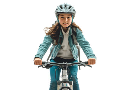 Portrait of smiling Asian woman in helmet riding bicycle isolated on whiteの素材