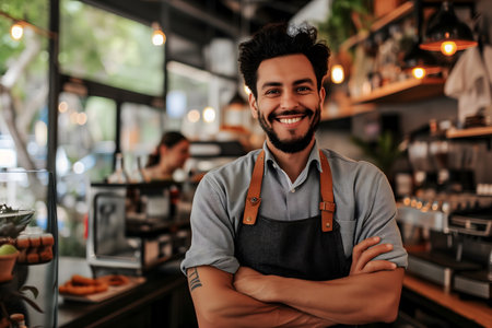 Portrait of a smiling young male barista standing with arms crossed in coffee shopの素材