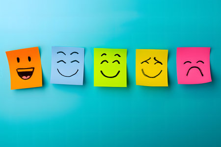 Happy smiley faces on colorful sticky notes isolated on blue background.の素材