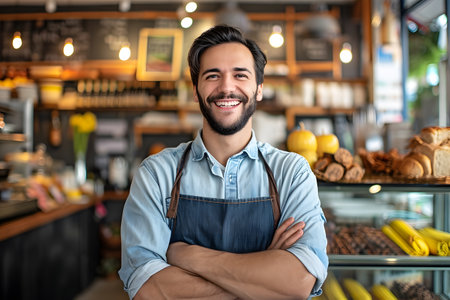 Portrait of smiling male staff standing with arms crossed in coffee shopの素材