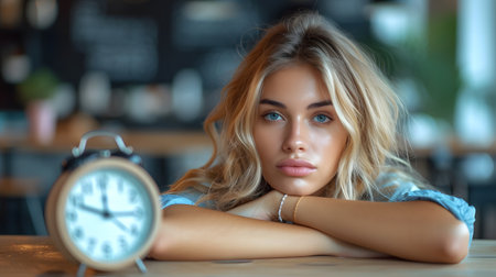 Close up portrait of a young beautiful woman with alarm clock in cafeの素材
