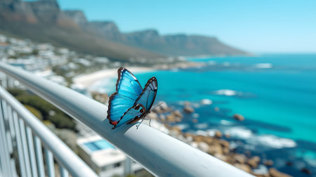 Beautiful blue butterfly on a white bridge over the sea, Cape Town, South Africaの素材