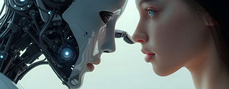 3d rendering of a female cyborg looking at the robot.の素材
