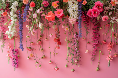 Beautiful bouquet of different flowers on pink background, top viewの素材