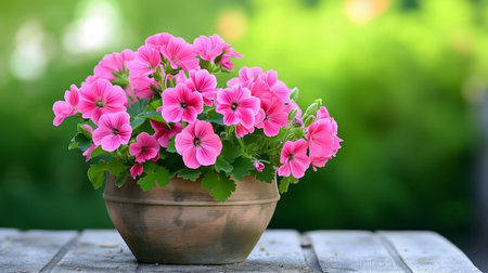Pink geranium flowers in a pot on a wooden table in the gardenの素材