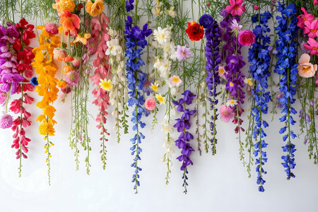 Multicolored bouquets of different flowers on a white backgroundの素材