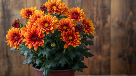 Orange chrysanthemums in a pot on a wooden backgroundの素材