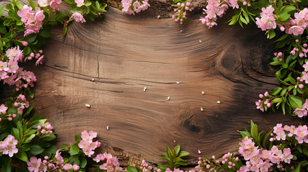 Spring blossom on wooden background. Top view with copy space.の素材