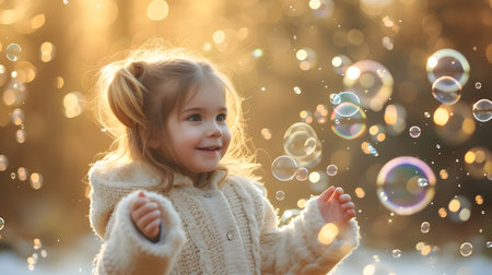 Adorable little girl blowing soap bubbles in the park on a sunny winter dayの素材