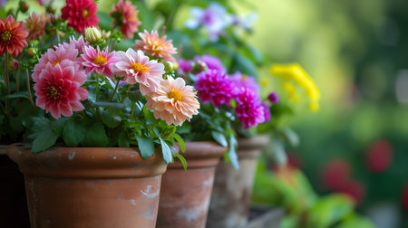 Colorful dahlia flowers in flowerpot on blurred background.の素材