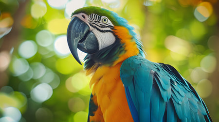 Beautiful blue and yellow macaw parrot on nature background.の素材