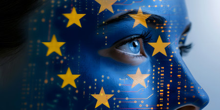 Young woman face painted with flag of European Union. 3D renderingの素材