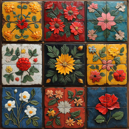 Colorful ceramic wall tiles with flowers and leaves. Close-up.の素材