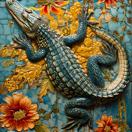 Close-up of ornamental ceramic wall with a crocodile and flowersの素材
