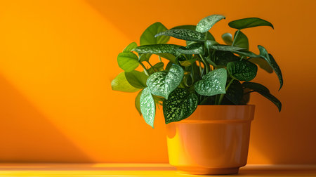 Beautiful houseplant in orange pot on yellow background with copy spaceの素材