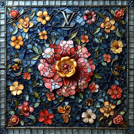 Stained glass window in the shape of a flower on the wall.の素材