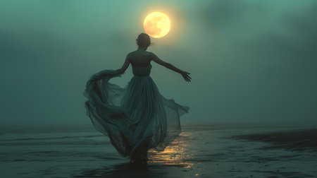 3d illustration of a beautiful woman in the sea with full moonの素材
